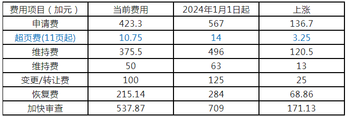 加拿大专利商报等官费将于2024年1月1日上涨